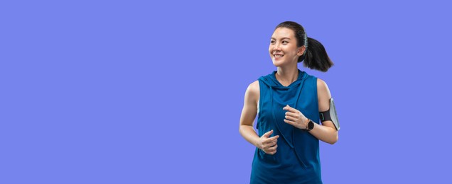 clipping path portrait beautiful asian women in sportswear run isolated on banner purple background. healthy young woman runner happy smiling jogging.