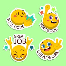 job and great job stickers logo. school reward, encouragement sign, stamp. student icon. success, congrats, excellent work label. awesome homework, well done. educational kids design. vector art. 