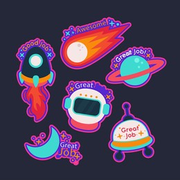 job and great job stickers logo. school reward, encouragement sign, stamp. student icon. success, congrats, excellent work label. awesome homework, well done. educational kids design. vector art. 