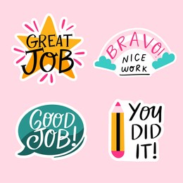 job and great job stickers logo. school reward, encouragement sign, stamp. student icon. success, congrats, excellent work label. awesome homework, well done. educational kids design. vector art. 
