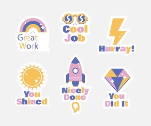 job and great job stickers logo. school reward, encouragement sign, stamp. student icon. success, congrats, excellent work label. awesome homework, well done. educational kids design. vector art. 