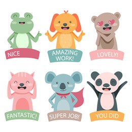 job and great job stickers logo. school reward, encouragement sign, stamp. student icon. success, congrats, excellent work label. awesome homework, well done. educational kids design. vector art. 