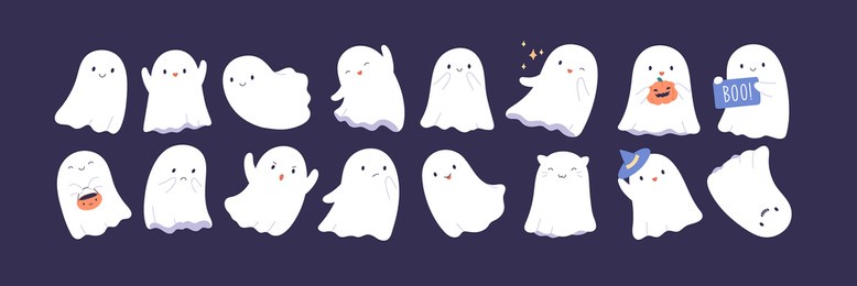 set of cute funny happy ghosts. childish spooky boo characters for kids. magic scary spirits with different emotions and face expressions. isolated flat cartoon vector illustrations of comic phantoms