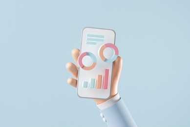online marketing, hand holding mobile phone with data chart, financial report chart, data analysis, 3d render.