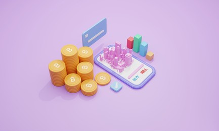 currency exchange. lots of bitcoins and colored bar charts. near the pink simulation city, concepts, online trends, financial business, and crypto. 3d render. illustration.