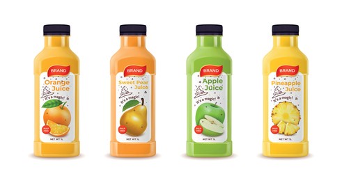 realistic detailed 3d fresh juice plastic or glass bottle set include of orange, apple, pear and pineapple. vector illustration