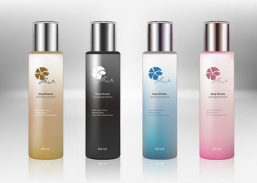 bottle set. cosmetic blank vials for liquid drug. transparent bottles template with colorful glossy and matt cap. 3d vector mockup package