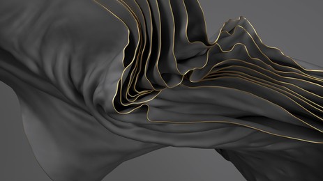 3d render, abstract background with drapery layers and folded textile ruffle, black cloth macro with golden edges, wavy fashion wallpaper