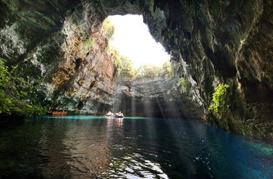 famous melissani lake on kefalonia island - greece