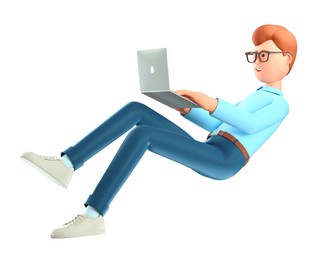 3d illustration of cute smiling man with laptop flying in air, isolated on white background. cartoon falling relaxing businessman, freelancer using social networks, online working. workplace concept.