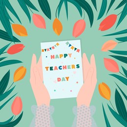 happy teachers day vector illustration. female hands hold a card with the inscription happy teacher's day and a frame of tulip flowers.