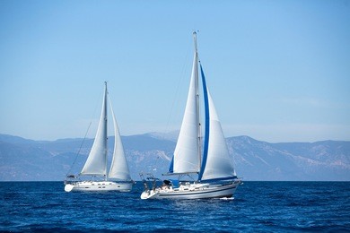 group of sail yachts in regatta near a coast.