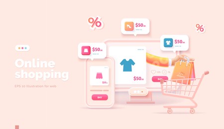 online shopping on the website and mobile app. conceptual illustration with online store interface, bank card, shopping bag, basket and actions with them. web banner 3d style.