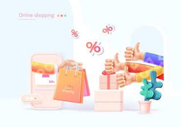 online shopping on the website and mobile app. conceptual illustration with online store interface, bank card, shopping bag, basket and actions with them. web banner 3d style.