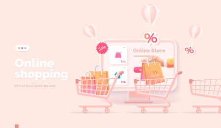 online shopping on the website and mobile app. conceptual illustration with online store interface, bank card, shopping bag, basket and actions with them. web banner 3d style.