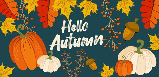 hello autumn banner or greeting card for the autumn holiday. pumpkins, inscriptions, leaves and maple, acorn and mountain ash on a dark background in a flat style. vector seasonal illustration