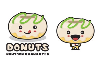 cute donuts mascot, food cartoon illustration, suitable for use as logos, packaging labels, stickers, etc.