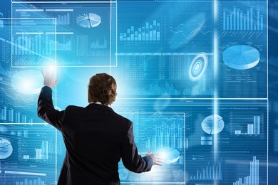 businessman in suit against digital background with icons