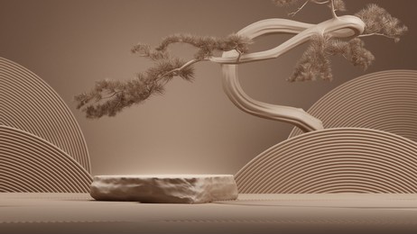japanese style minimal abstract background.stone podium and bonsai with brown background for product presentation. 3d rendering illustration.