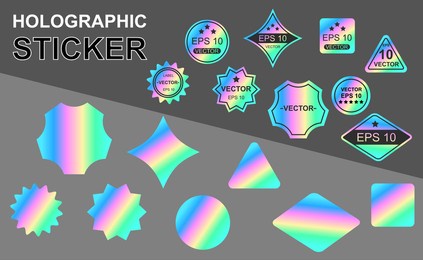 set of holographic stickers on grey background. hologram labels of different shapes. colored blank rainbow shiny emblems. paper stickers. flat cartoon vector illustration