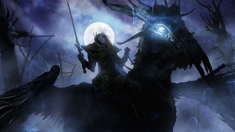 a beautiful female vampire warrior with a sword sits on a demonic sinister pegasus with black wings in plate armor, his eyes glow in the dark, behind her are crucified people 3d rendering