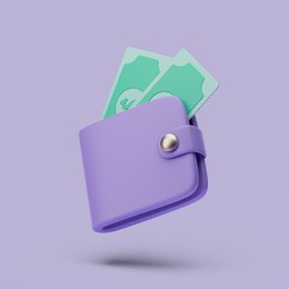 wallet with cash icon. 3d simple render illustration on pastel background.