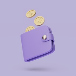 wallet with coins icon. 3d simple render illustration on pastel background.