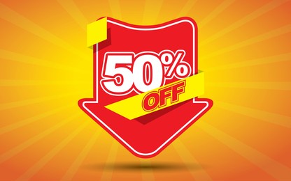50 percent off on a red arrow and yellow background.