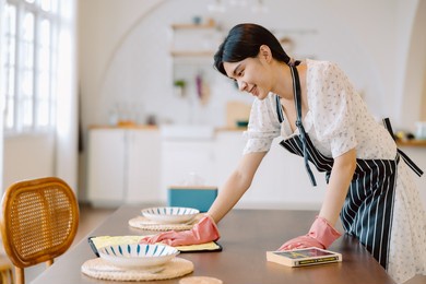 asian woman in protective gloves is wiping dust using a spray and a duster while cleaning her house. beautiful young female makes cleaning the kitchen. women doing housework, housewife portrait.