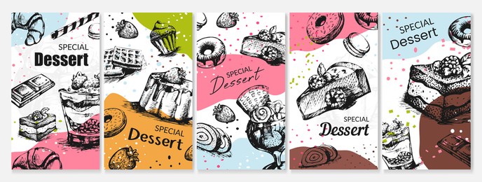 special dessert food at flyer concept, vector illustration. sweet pastry at graphic design set, bakery cafe advertising card. delicious cake, donut and cupcake element at advertise poster.
