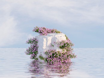 natural beauty podium backdrop for product display with stone and wild flower on the water. 3d seascape background.