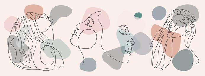 sample product surreal faces continuous line, drawing of set faces and hairstyle, fashion concept, woman beauty minimalist, vector illustration pretty. contemporary portrait mug, shirt, postcard