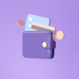 wallet and credit card, floating coins around on purple background. money-saving, cashless society concept. 3d render illustration