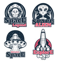 space scientific explore astronaut alien rocket planet sticker badge isolated set. vector flat cartoon graphic illustration