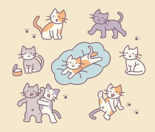 cat day. various actions of a cute cat character. outline simple vector illustration.