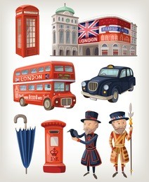 famous london sights and retro elements of city architecture and lifestyle