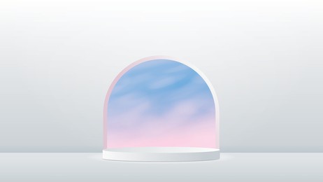 white cylinder podium in empty scene. minimal scene with sunset sky outside the window. product presentation, mock up, show cosmetic product, podium, layout, stage pedestal or platform. 3d render