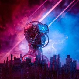 android red dawn - 3d illustration of male science fiction humanoid cyborg rising behind modern city against ominous sky
