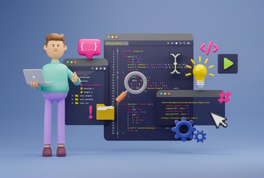 programmer developer typing script source languages coding symbols  icon development project data programming software engineering it technologies computer. 3d rendering.