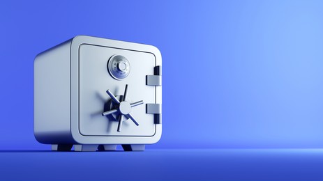 3d render, closed metallic safe box isolated on blue background. banking safety symbol