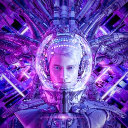 starship to infinity - 3d illustration of science fiction male futuristic astronaut inside brightly neon lit space ship