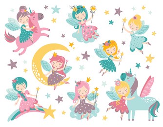 vector childish set with fairy, stars, moon, unicorn and other elements. fairy with a magic wand vector illustration. cartoon fairy for kids, girl.