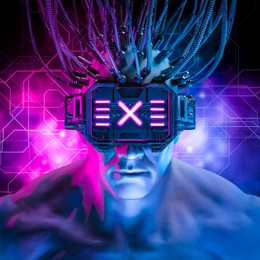 hardwired cyberpunk man - 3d illustration of science fiction cyberpunk muscular male character wearing futuristic virtual reality glasses