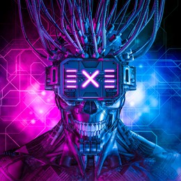 hardwired cyberpunk skull robot - 3d illustration of science fiction cyberpunk skull faced grinning android wearing futuristic virtual reality glasses