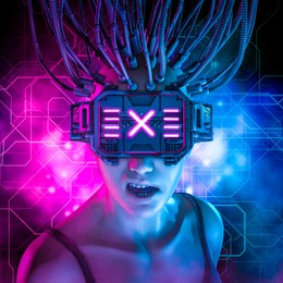 hardwired cyberpunk girl - 3d illustration of science fiction cyberpunk female character wearing futuristic virtual reality glasses