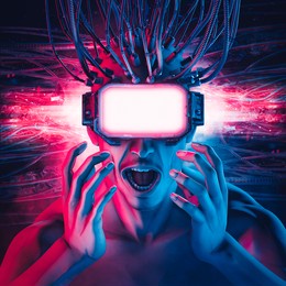 hardwired virtual reality glasses man - 3d illustration of science fiction cyberpunk shocked male character having a mind blowing vr experience with copy space on eye screen