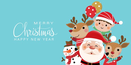 merry christmas and happy new year 2022 greeting card with cute santa claus, snowman and deer. holiday cartoon character in winter season. -vector