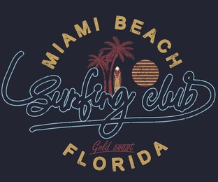 miami beach surfing club vector design. palm beach vintage t shirt design.