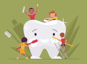 children keep giant tooth clean by brushing, holding toothpaste, toothbrush. little happy kids in careful toothbrushing routine, good oral care and hygiene, stomatology treat. vector illustration
