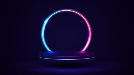 empty podium with line gradient neon ring on background. 3d render. illustration with abstract scene with pink and blue neon frame